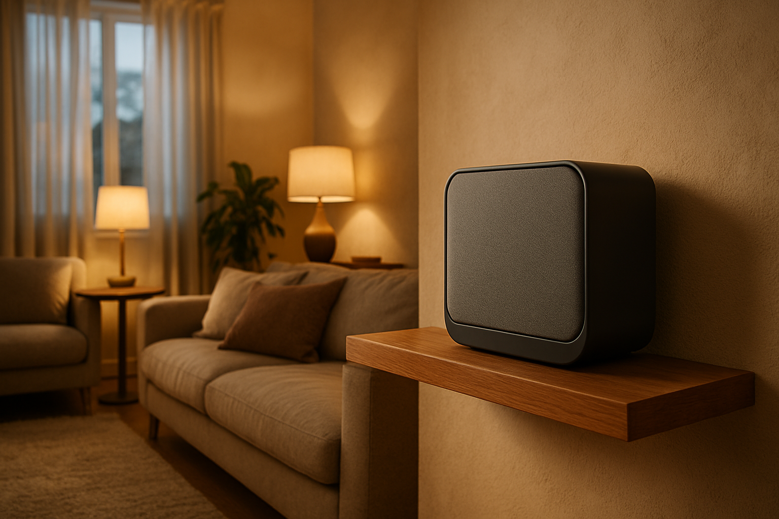 A cozy indoor setting (living room, bedroom, or kitchen) with the speaker on a table or shelf.