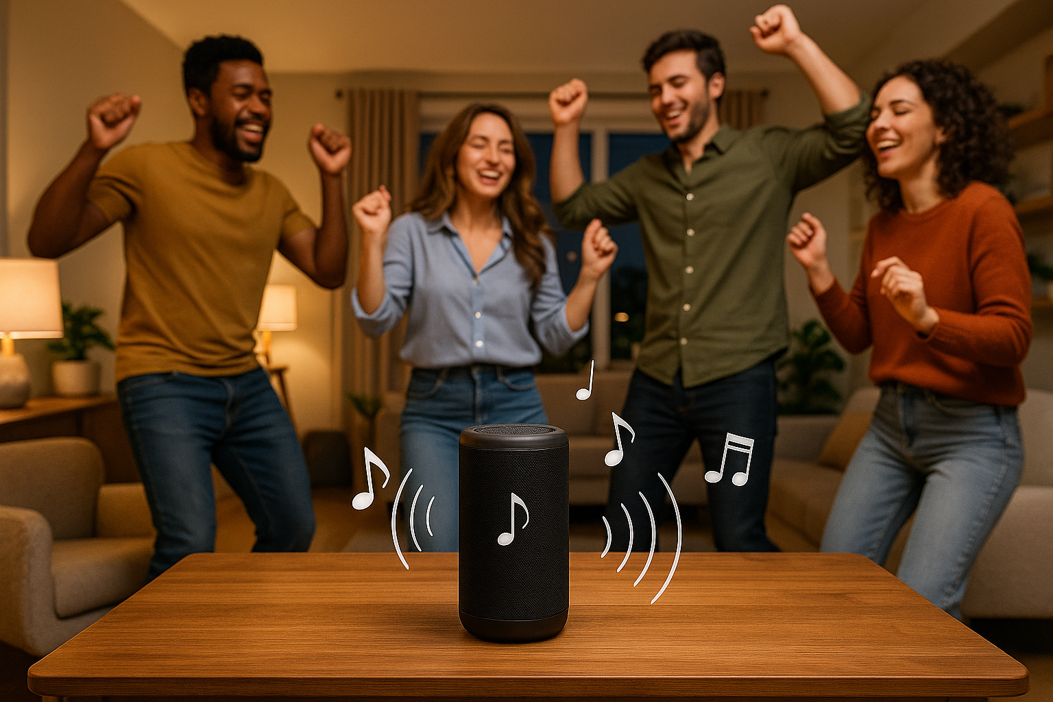 dancing with music in the house, portable speaker on the table